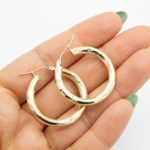 4mm X 30mm 1 1/4&quot; Diamond Cut Shiny Plain Hoop Earrings Real 10K Yellow Gold