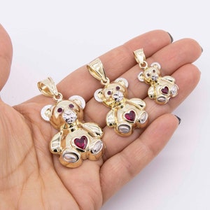 Teddy Bear with Heart Ruby Stone Pendant Real 10K Yellow White Gold