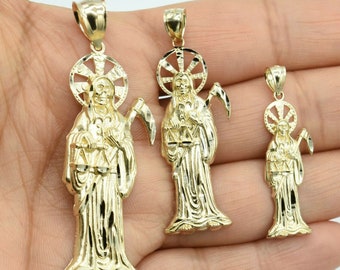 Diamond-Cut Santa Muerte Angel of Death Pendant Solid 10K Yellow Gold All Sizes