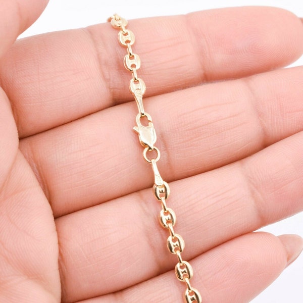 3.4mm Puffed Mariner Anklet with Lobster Lock Real 10K Yellow Gold 10"