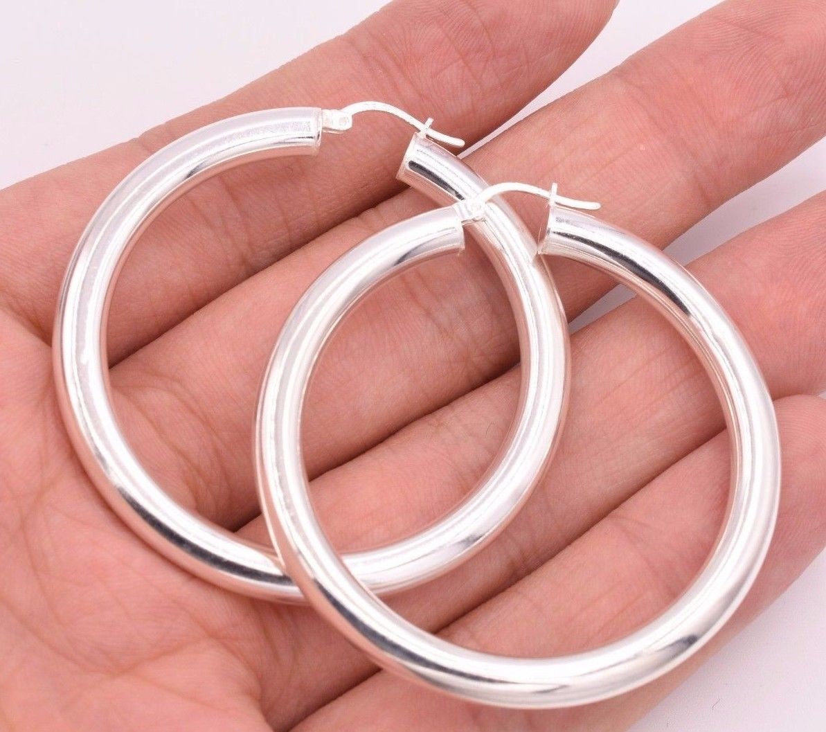 Orecchini A Cerchio Rotondi Spessi E Semplici Da 2" 5 Mm X 50 Mm In Vero Argento Sterling 925 - Italia - Foto 4