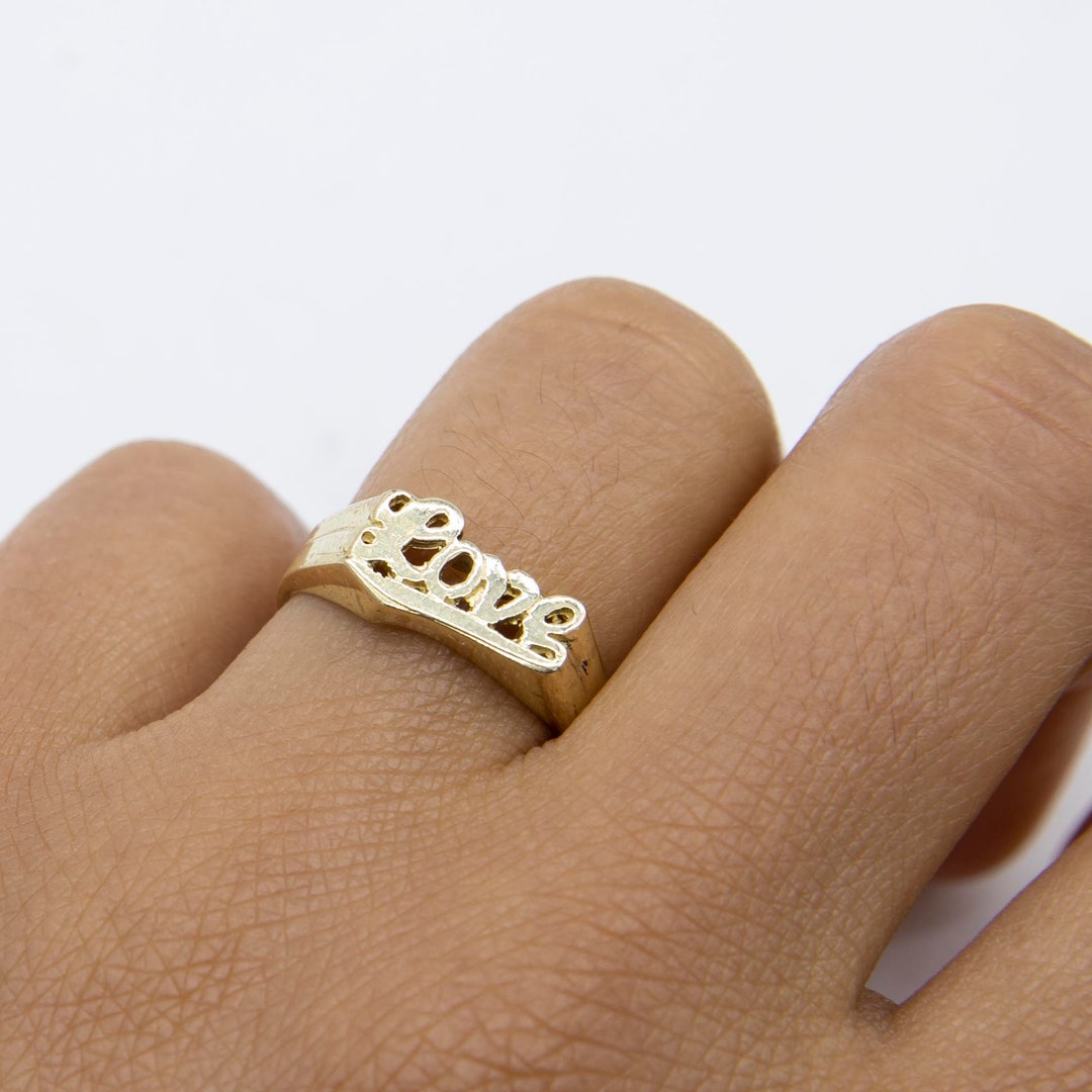 Shiny Love Script Signet Ring Solid Real 10K Yellow Gold - Etsy