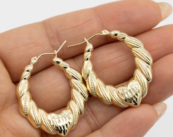 Aros con forma de corazón de bambú graduados de 1 3/8" en oro amarillo real de 10 quilates