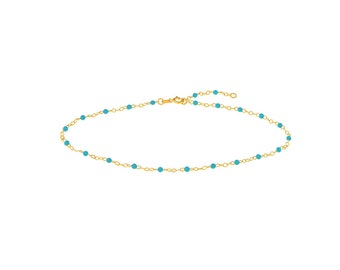 2mm Adjustable Turquoise Enamel Bead Piatto Chain Anklet Real 14K Yellow Gold