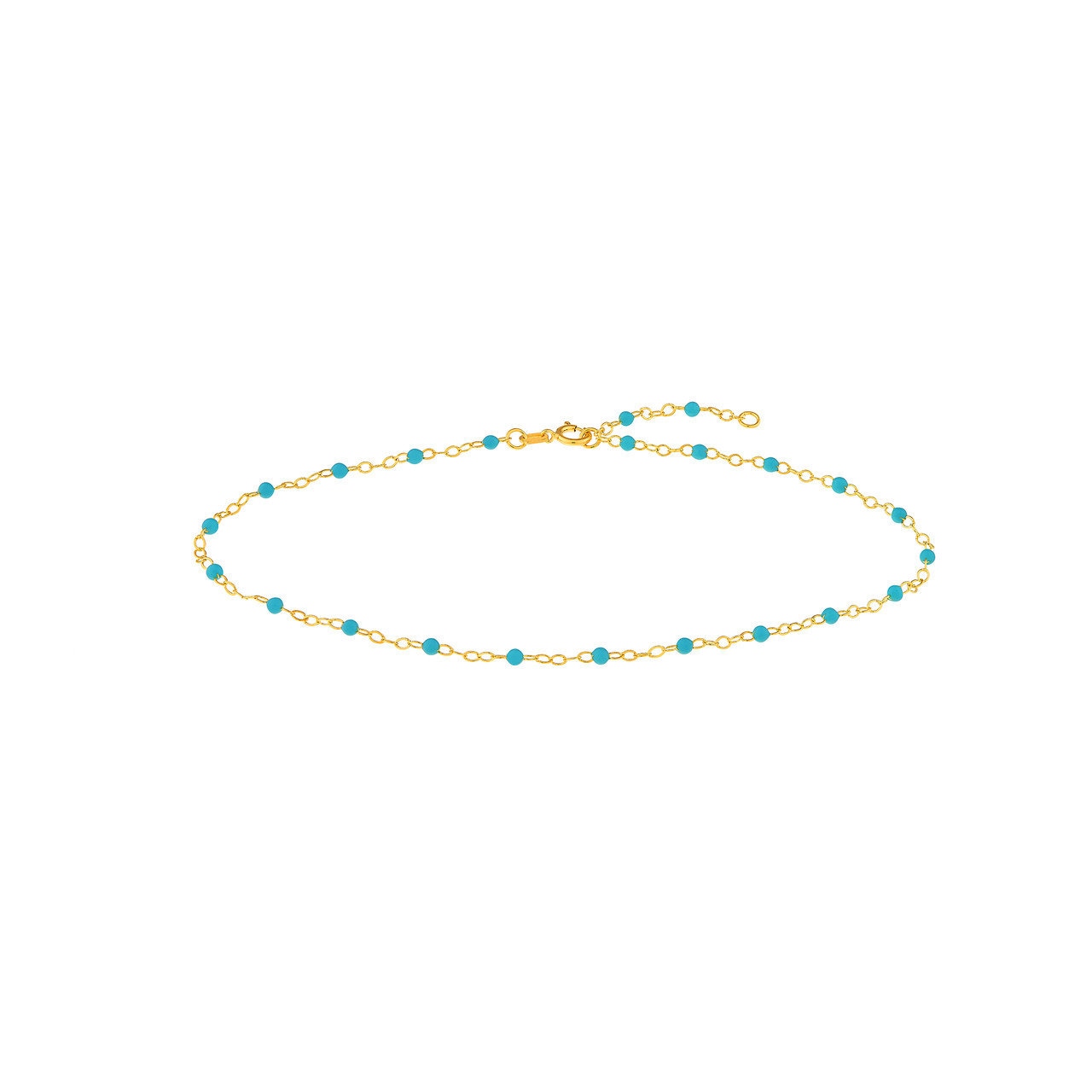 2mm Adjustable Turquoise Enamel Bead Piatto Chain Anklet Real 14K Yellow Gold