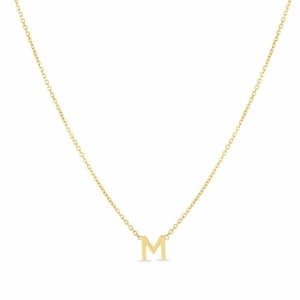 Puede incluir: Un collar de cadena de oro con un pequeño colgante de oro con la letra 'M'.