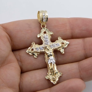 2&quot; CZ Jesus Crucifix Cross Pendant Real 10K Yellow White Gold