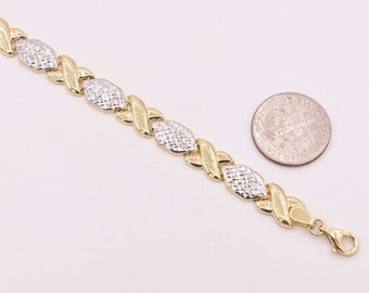 7 Mm Diamond Cut Hearts & Kisses Stampato Armband Echt 14K Gelb Weiß Gold