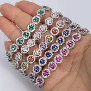 Round-Cut CZ Flower Disk Tennis Bracelet Sterling Silver 925