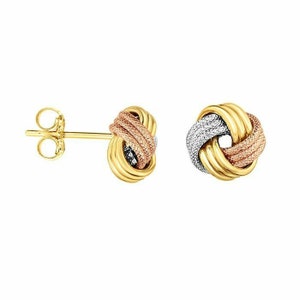 3/8" Polished Diamond Cut Love Knot Stud Earrings Real 14K Tricolor Gold 1.3gr