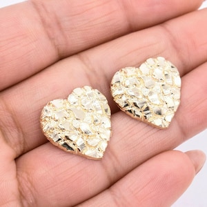 3/4&quot; Heart Shaped Nugget Textured Stud Earrings Real Solid 10K Yellow Gold