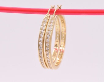 1.2" Channel Set Diamonique CZ Hoop Earrings 14K Yellow Gold Clad Real Silver