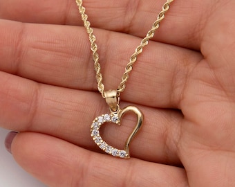 3/4 "CZ leeres Herz Anhänger & Kette Halskette Set Echt 10K Gelbgold
