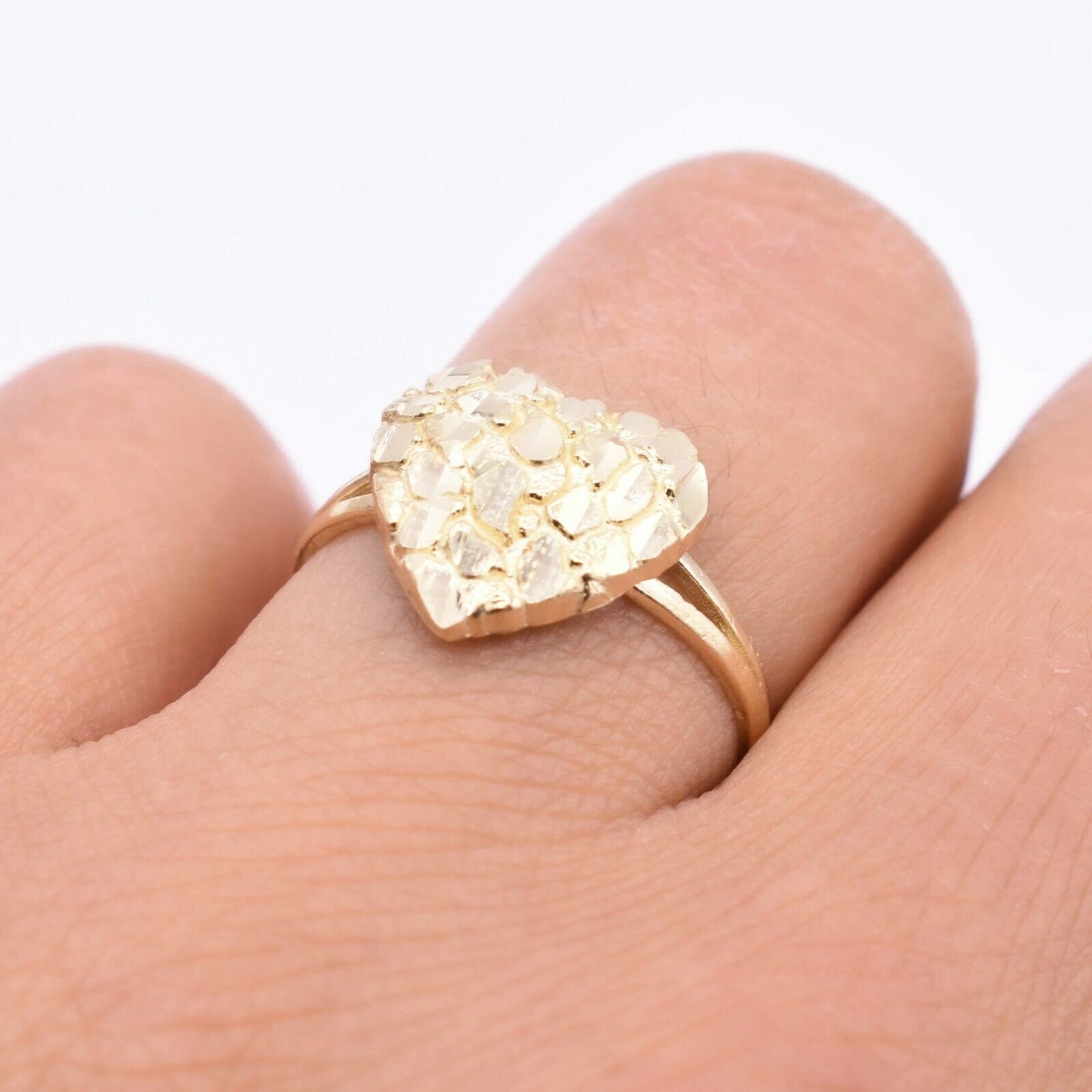 1/2&quot; Women&#39;s Textured Heart Shaped Nugget Ring Real Solid 10K Yellow Gold Size 7