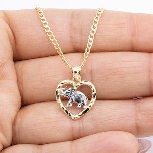 3/4&quot; Elephant in Heart Pendant Necklace Real 10K Yellow White Gold