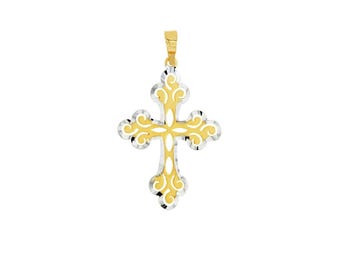 Two-Tone Filigree Cross Pendant 14K Yellow White Gold