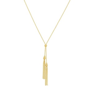 Double Beaded Tassel Lariat Necklace Real 14K Yellow Gold 18&quot;