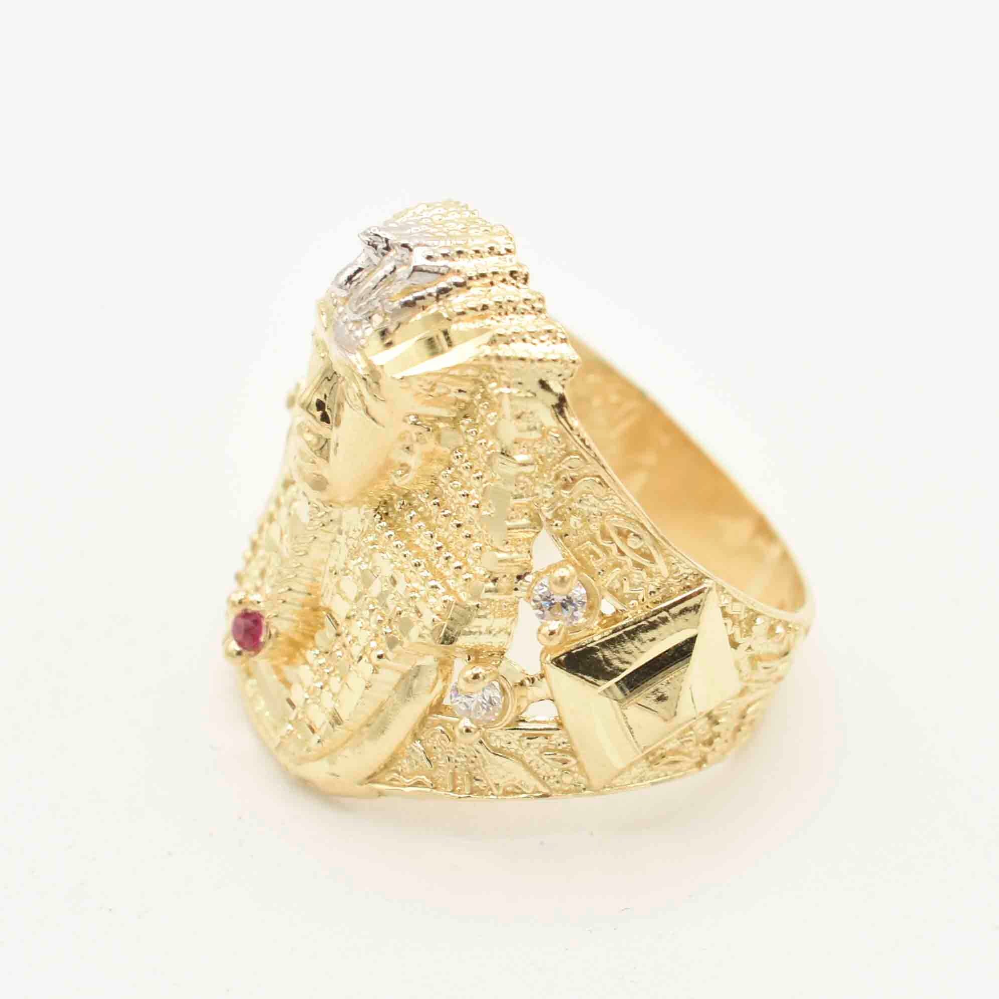 Pharos Rings Men's Textured Pharaoh With CZ and Ruby Ring Real Solid 10K Yellow ...