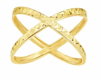 Ladies Diamond Cut CrissCross Ring Real Solid 14K Yellow Gold