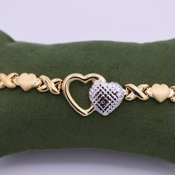 7.25" Hearts & Kisses Bracelet 14K Yellow White Gold Clad Silver XOXO 925