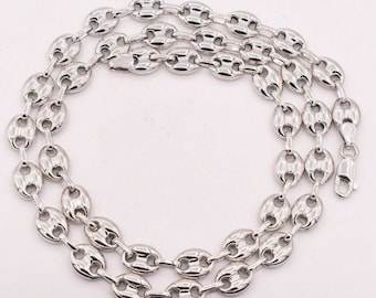 9mm Puffed Anchor Mariner Link Chain Necklace 14K White Gold Clad Silver 925