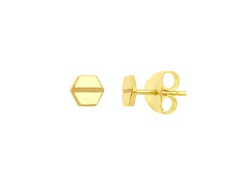 Hexagon Shiny Stud Earring Real 14K Yellow Gold