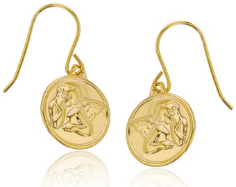 Italian High Polished Angel Round Disc Dangle Earrings Real 14K Yellow Gold 1"