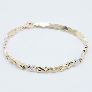 5mm Hearts & Kisses Diamond Cut Stampato Bracelet Real 14K Yellow White Gold 7.25&quot;