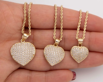 CZ Herz Anhänger & Kette Halskette Set Echt 10K Gelbgold