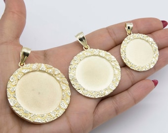 Nugget-Frame Satin Picture Medallion Pendant Real Solid 10K Yellow Gold