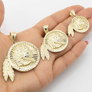 Pingente de medalhão de chefe indiano com corte de diamante, sólido real, ouro amarelo 10K, todos os tamanhos