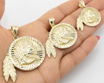 Diamond-Cut Indian Chief Medallion Pendant Real Solid 10K Yellow Gold All Sizes