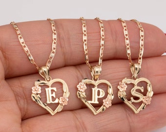 Cutout Heart Flower Initial Letter Pendant Necklace Real 10K Yellow Rose Gold