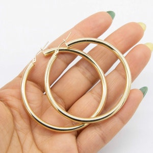 4mm X 55mm 2 1/8&quot; Shiny Plain Hoop Earrings Real 10K Yellow Gold