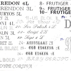 May include: A white paper with black text listing different font names and sizes. The text includes "Glaredon 6L", "Clarendon 3L", "Centuryos 5L", "Century 2L", "Bodoni 4L", "Franklin 1L", "Franklin 3L", "Roman 3L", "Margaret 2L", "Arial Blak", "Arial", "Arial Bold", "Monotype Corsiva", "Frutiger 4L", "Frutiger 65", "Frutiger 75", "US Blok 1L", "Ser Croat 412", "Ser Polish 4 L", "Script 28", "Script 6 L", "Monograms 28", "Old English 2L", "Old English 3L", "Baby Script 42".