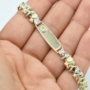 Textured Elephants CZ Kid&#39;s Engravable ID Bracelet Real 10K Yellow White Gold