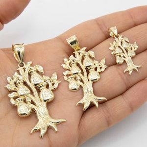Ciondolo portafortuna a forma di albero con sacco dei soldi tagliato a diamante, in vero oro giallo 10K - Tutte le misure