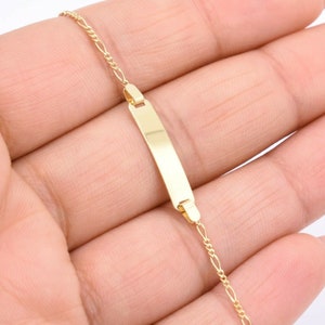 Baby ID Bar Pave Figaro Engravable Bracelet Real 10K Yellow Gold 5.5&quot;
