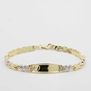 6.5&quot; Baby ID Bracelet Hearts & Kisses Real 10K Yellow White Gold Free Engraving!