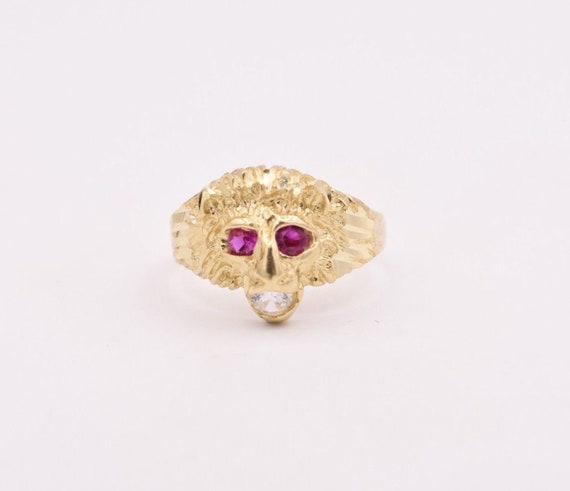 Men's Unisex Lion Head Ring Ruby Eyes & CZ Real Solid 10K Yellow Gold Size 11 