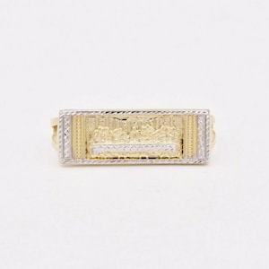Men&#39;s Rectangular Last Supper Diamond Cut Two Finger Ring Real 10K Yellow Gold