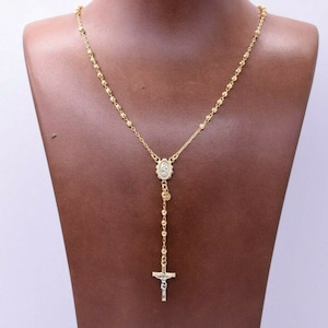 3mm Diamond Cut Cross Rosary Crucifix Chain Necklace Real 10K Yellow Gold