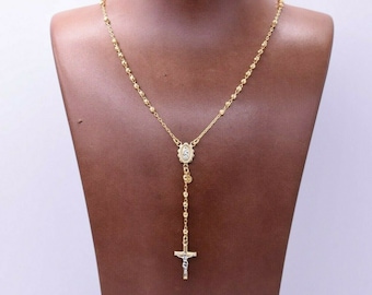 3mm Diamond Cut Cross Rosary Crucifix Chain Necklace Real 10K Yellow Gold