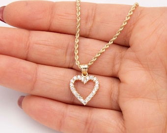7/8 "leere CZ Herz Anhänger & Kette Halskette Set Echt 10K Gelbgold