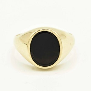 Oval Black Onyx Shiny Signet Ring Real Solid 10K Yellow Gold