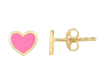 Mini Pink Enamel Heart Stud Earrings Real 14K Yellow Gold