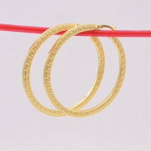 1 3/4&quot; 45mm Flat Greek Key Motif Hoop Earrings 14K Yellow Gold Clad Silver 925