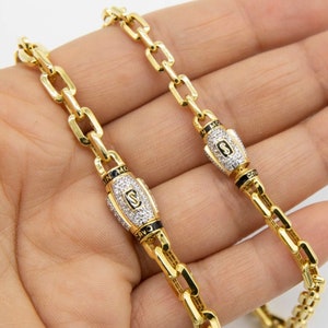 Monaco Chain Chunky Box Royal Link CZ Lock Chain Anklet Real 14K Yellow Gold