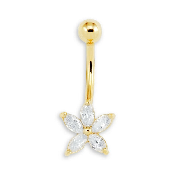 Flower Belly Button Ring Piercing Body Jewelry Navel Real 14K Yellow Gold 14G