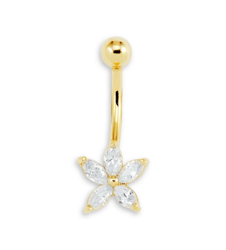 Flower Belly Button Ring Piercing Body Jewelry Navel Real Solid 14K Yellow Gold 